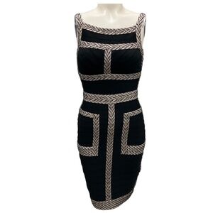 HERVE LEGER BLACK BEAD EMBELLISHED STRETCH KNIT BANDAGE COCKTAIL DRESS